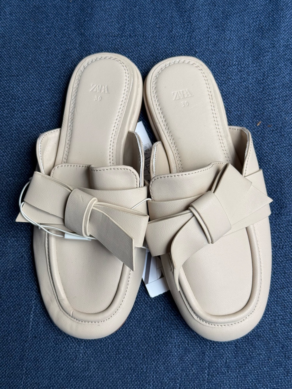 Zara Kids NWT Bow Flat Mules Beige Faux Leather Slip On Loafer Shoes Size US 12.